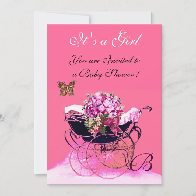 INVITACIÓN PRAM DE VENTAJA CON FLORES,BABY SHOWER DE MARIPOSA (Anverso)