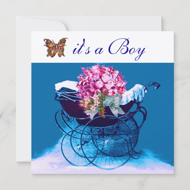INVITACIÓN PRAM DE VENTAJA CON FLORES,BABY SHOWER DE MARIPOSA (Anverso)
