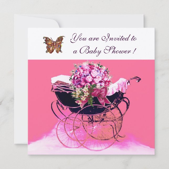 INVITACIÓN PRAM DE VENTAJA CON FLORES,BABY SHOWER DE MARIPOSA (Anverso)