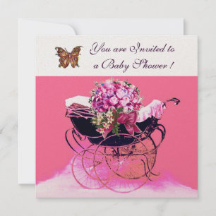 INVITACIÓN PRAM DE VENTAJA CON FLORES,BABY SHOWER DE MARIPOSA
