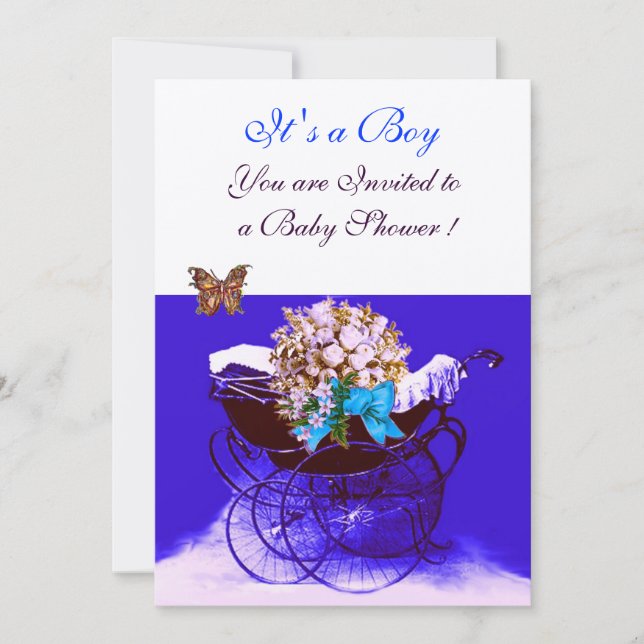 INVITACIÓN PRAM DE VENTAJA CON FLORES,BABY SHOWER DE MARIPOSA (Anverso)