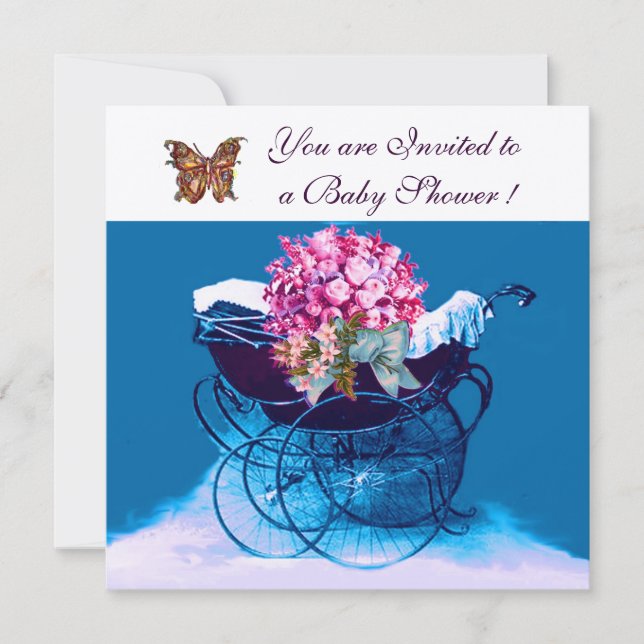 INVITACIÓN PRAM DE VENTAJA CON FLORES,BABY SHOWER DE MARIPOSA (Anverso)