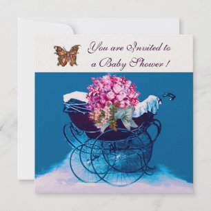 INVITACIÓN PRAM DE VENTAJA CON FLORES,BABY SHOWER DE MARIPOSA