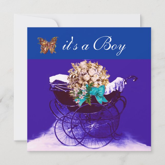 INVITACIÓN PRAM DE VENTAJA CON FLORES,BABY SHOWER DE MARIPOSA (Anverso)