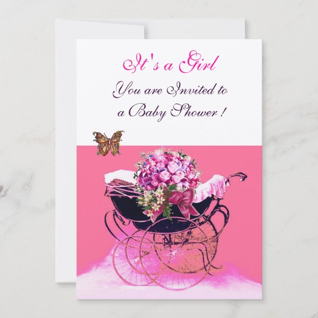 INVITACIÓN PRAM DE VENTAJA CON FLORES,BABY SHOWER DE MARIPOSA (Anverso)