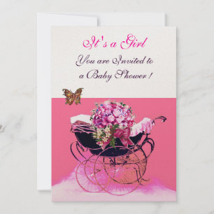 INVITACIÓN PRAM DE VENTAJA CON FLORES,BABY SHOWER DE MARIPOSA