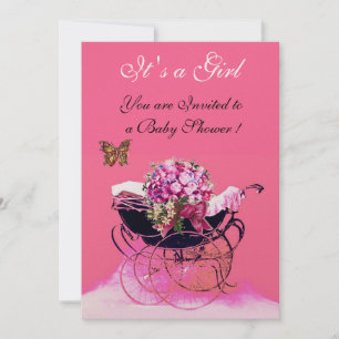 INVITACIÓN PRAM DE VENTAJA CON FLORES,BABY SHOWER DE MARIPOSA