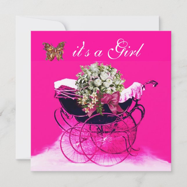 INVITACIÓN PRAM DE VENTAJA CON FLORES,BABY SHOWER DE MARIPOSA (Anverso)