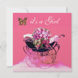 INVITACIÓN PRAM DE VENTAJA CON FLORES,BABY SHOWER DE MARIPOSA