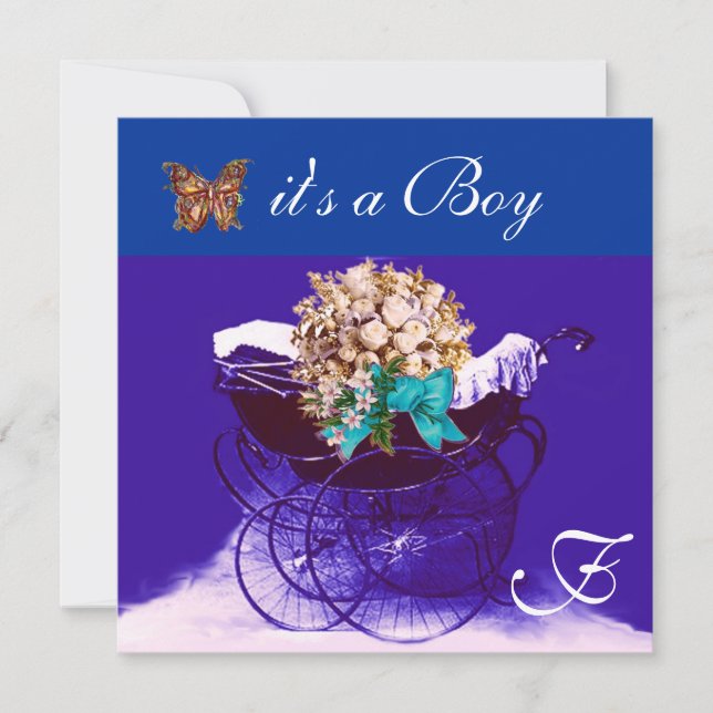 INVITACIÓN PRAM DE VINTAJE, FLORES,DUCHA DE NIÑO DE BAÑO (Anverso)