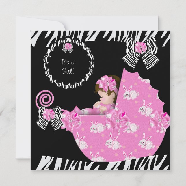 Invitación Pram Rosa Cute Baby Girl Zebra Baby Shower (Anverso)