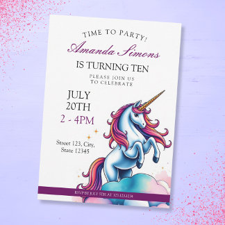 Invitación Prancing Unicorn Sparkle Girl 10th Birthday