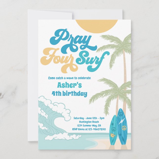 Invitación Pray Four Surf Retro Surf Beach 4 cumpleaños (Anverso)