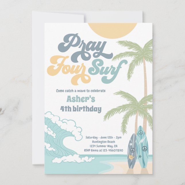 Invitación Pray Four Surf Retro Surf Beach 4 cumpleaños (Anverso)