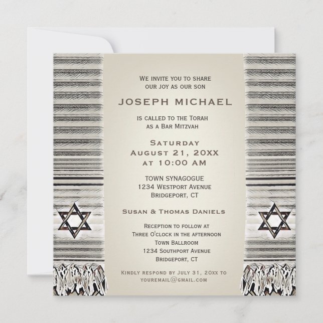 Invitación Prayer Shawl Tan Bar Mitzvah (Anverso)
