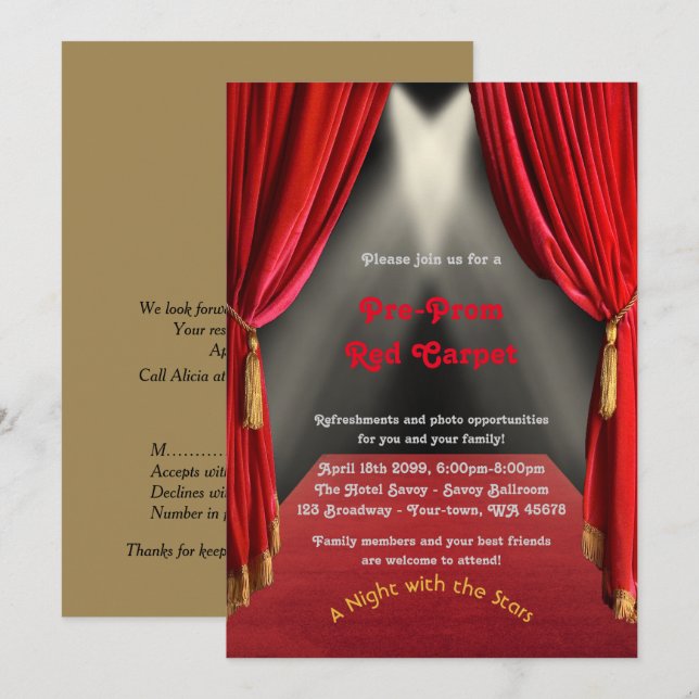 Invitación pre-Prom, Pre-Prom, Alfombra Roja, 15ª, (Anverso / Reverso)