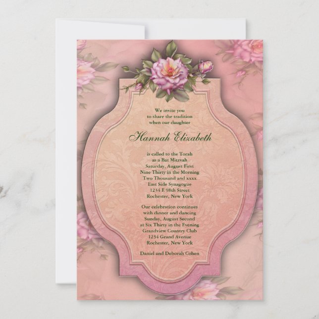 Invitación Preciosa Bat Mitzvah de Rosa Rosa (Anverso)