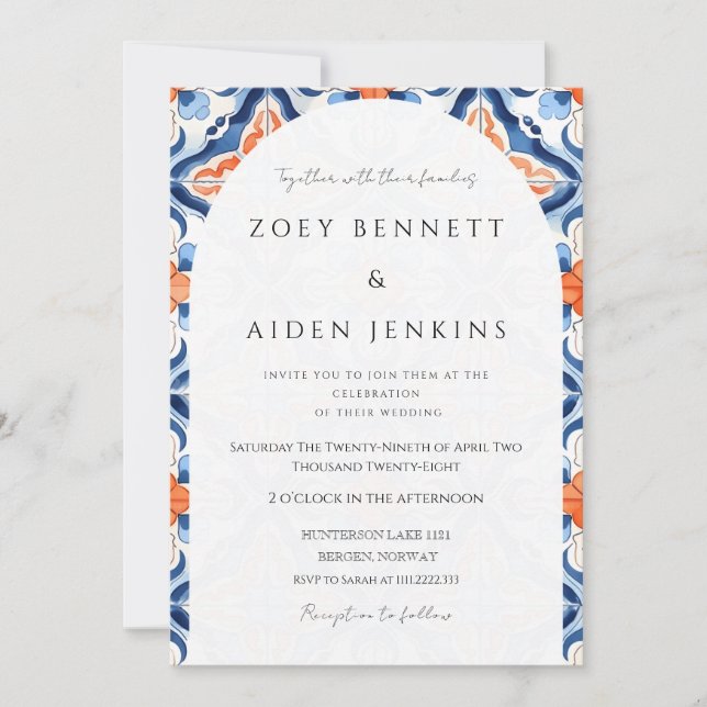 Invitación Preciosa Boda de Azul Claro y Rojo (Anverso)