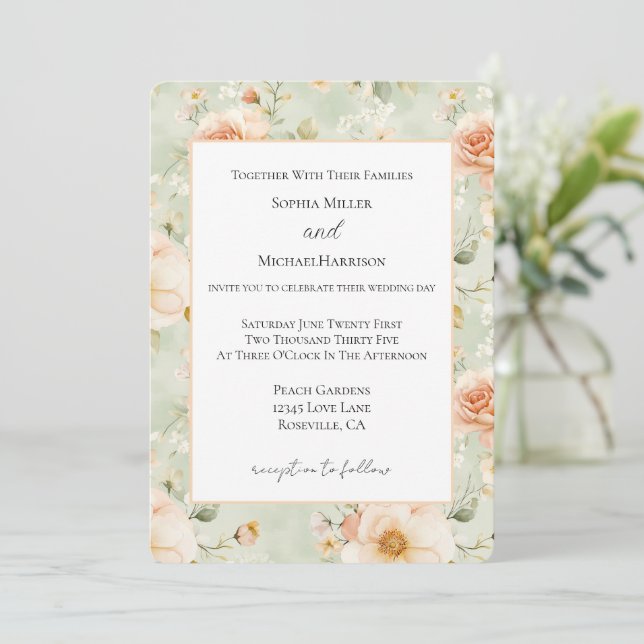 Invitación Preciosa Boda de Flores de Melocotón Menta   (Anverso de pie)