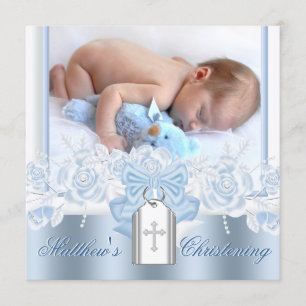 Invitación Preciosa Cruz Blanca Bautizo Azul Bebé