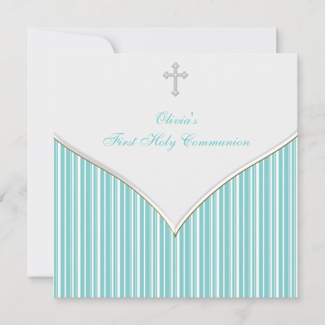 Invitación Preciosa Cruz Blanca Turquesa Primera Comunión (Anverso)