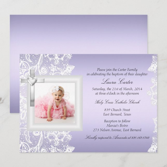 Invitación Preciosa Cruz de Encaje Morado Bautizo (Anverso / Reverso)
