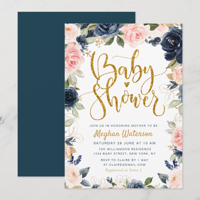 Invitación preciosa ducha de bebé con flores y marina (Anverso / Reverso)
