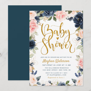 Invitación preciosa ducha de bebé con flores y marina
