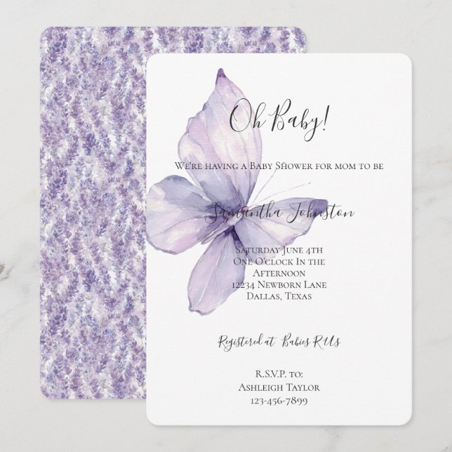Invitación Preciosa Ducha de Bebé de Mariposas con Flores de  (Anverso / Reverso)
