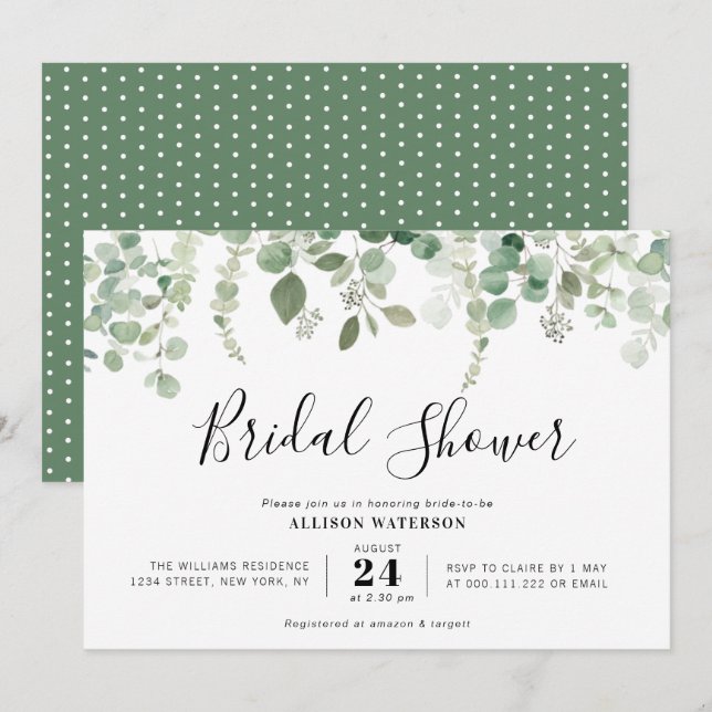 Invitación preciosa ducha de novia con eucalipto verde (Anverso / Reverso)