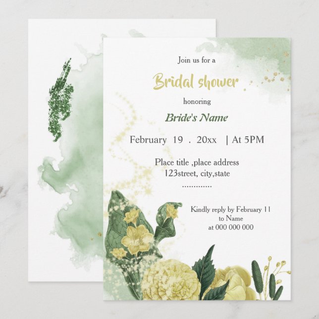 Invitación preciosa ducha de novia con flores amarillas verde (Anverso / Reverso)