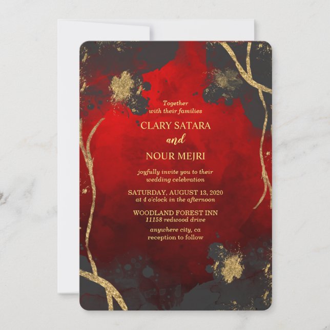 Invitación Preciosa, elegante boda roja, gris y dorada (Anverso)