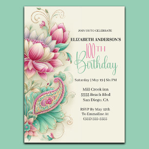 Invitación Preciosa Flor Paisley de Cumpleaños número 100