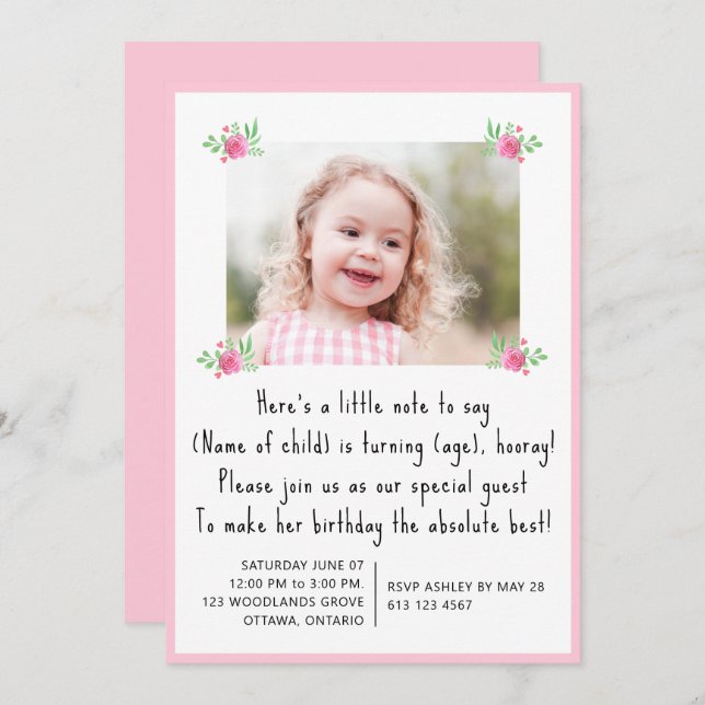 Invitación Preciosa foto de cumpleaños de niña con flores ros (Anverso / Reverso)