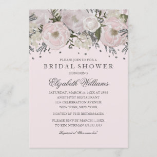 Invitación Preciosa lluvia rosa plateada Bridal Shower de flo