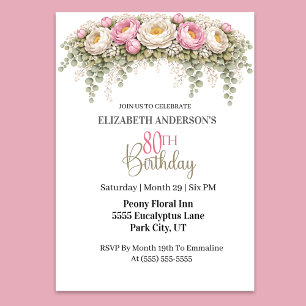 Invitación Preciosa Peonía Rosa y Blanca Cumpleaños 80