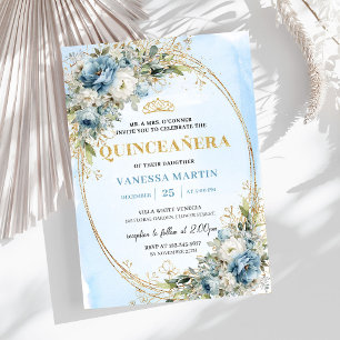 Invitación Preciosa Quinceañera Azul Pastel Oro 