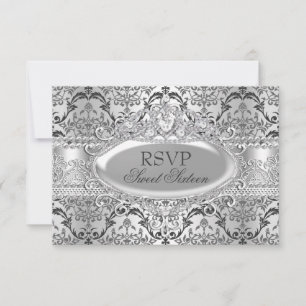 Invitación Preciosa RSVP de Damasco de Plata para Sweet 16