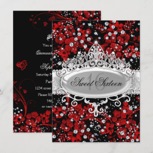 Invitación Preciosa Tiara & Flores Brillantes Rojo Dulces 16