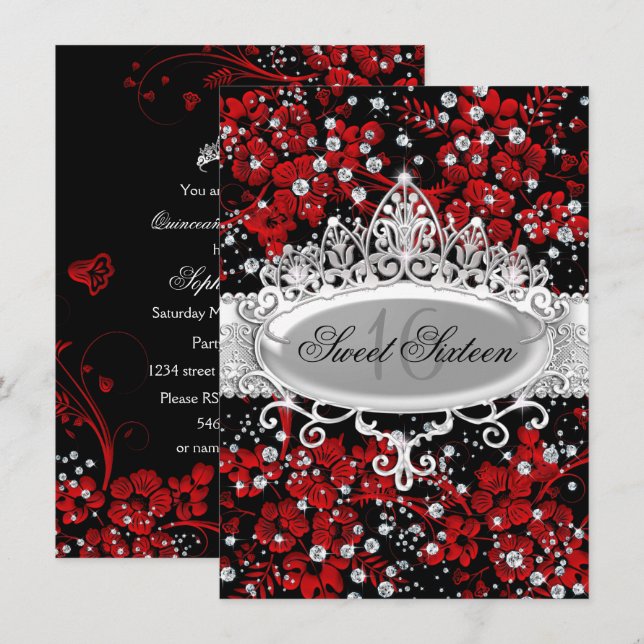 Invitación Preciosa Tiara & Flores Brillantes Rojo Dulces 16 (Anverso / Reverso)