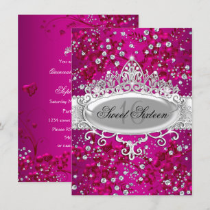 Invitación Preciosa Tiara Flores Brillantes Rosa Dulces 16