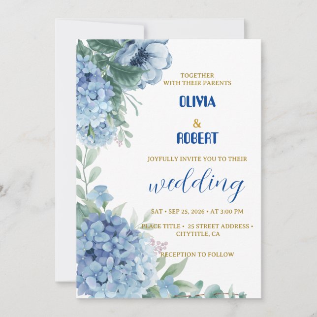 Invitación precioso azul floral polvoriento (Anverso)