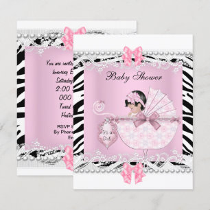Invitación Precioso baño de bebé cebra niña encaje rosa