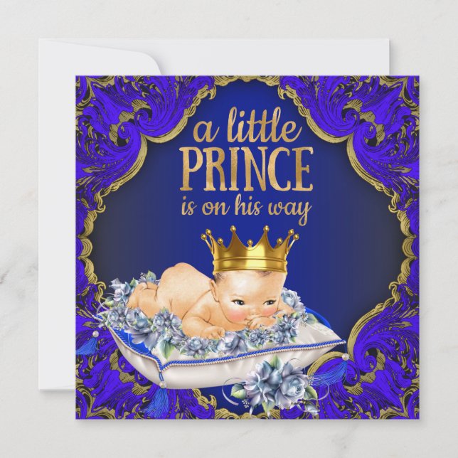 Invitación Precioso Blue y Gold Royal Prince Baby Shower (Anverso)