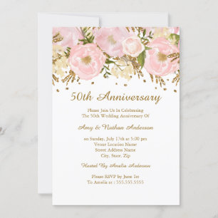 Invitación Precioso Blush Rosa Dorado Floral 50 Aniversario