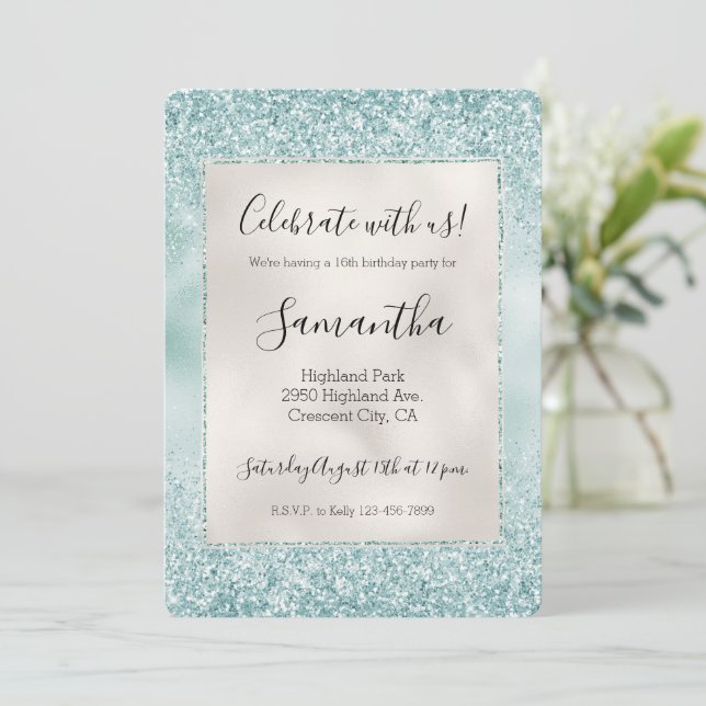 Invitación Precioso Brillo Glitzy Menta Brillante (Anverso de pie)