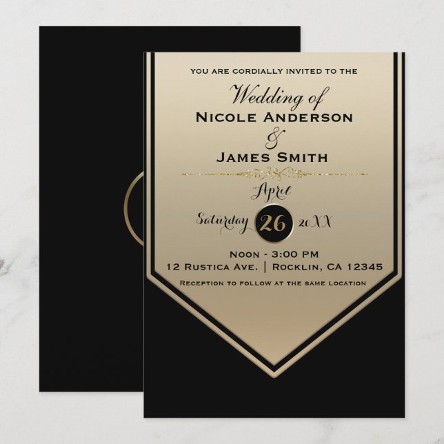 Invitación Precioso Brillo Negro y Dorado Elegante Boda (Anverso / Reverso)