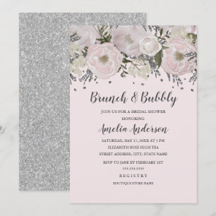 Invitación Precioso Brunch Floral Rosa y Plateado con Burbuja