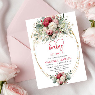 Invitación Precioso chaparrón floral blanco rojo bohemio de v