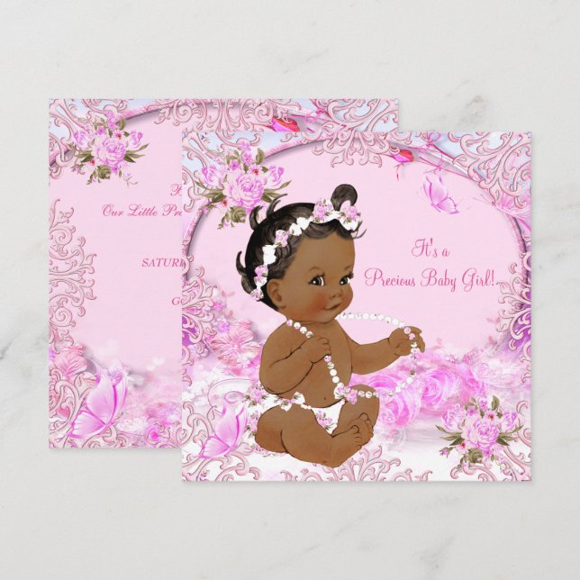 Invitación Precioso Chica Baby Shower de etnia floral rosa (Anverso / Reverso)